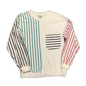 Vintage 80s Gina Peters White Multi Stripe Long Sleeve Pullover Top Size M